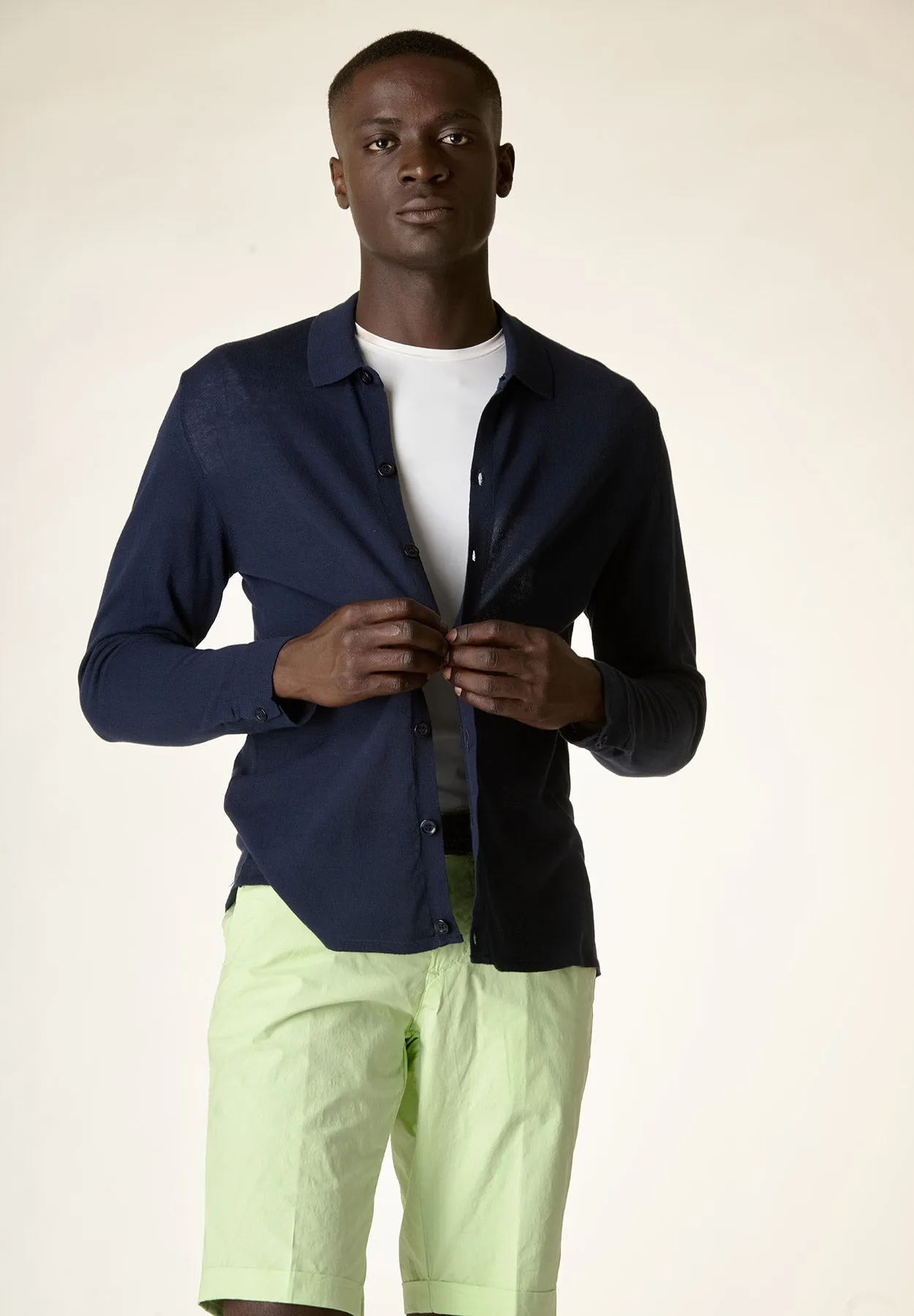 Polo camicia blu cotone crepe