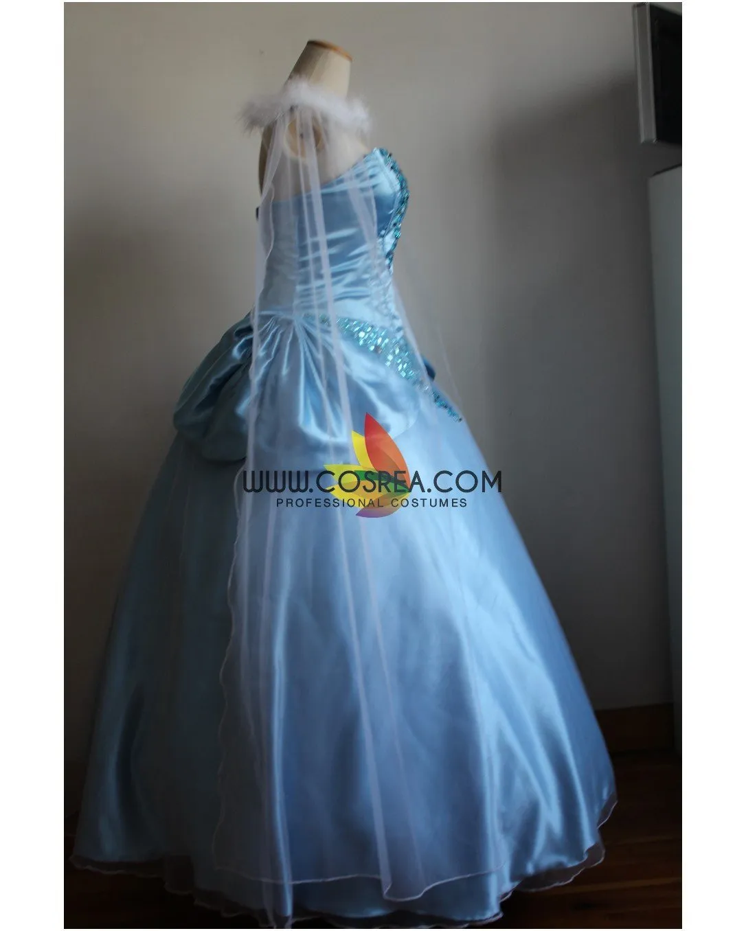 Princess Cinderella Sequin Gems Satin Dress With Chiffon Veil Cosplay Costume