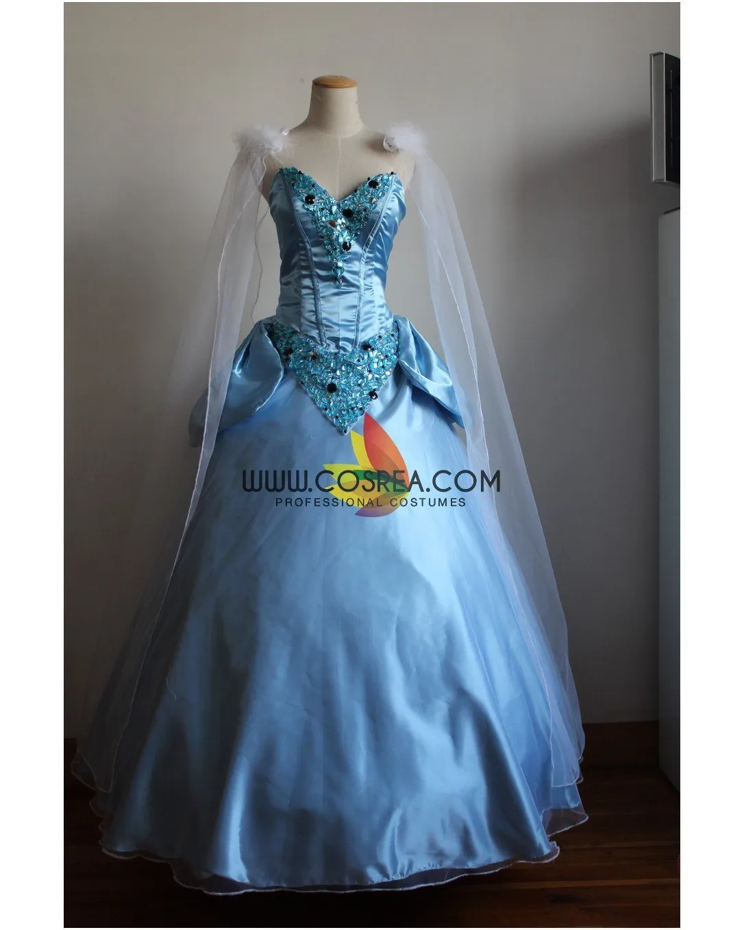 Princess Cinderella Sequin Gems Satin Dress With Chiffon Veil Cosplay Costume