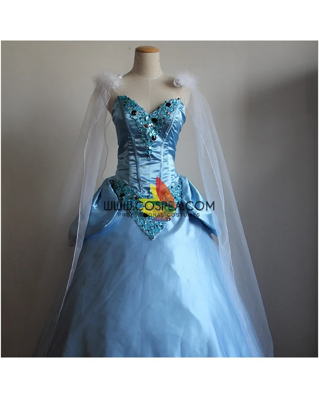 Princess Cinderella Sequin Gems Satin Dress With Chiffon Veil Cosplay Costume