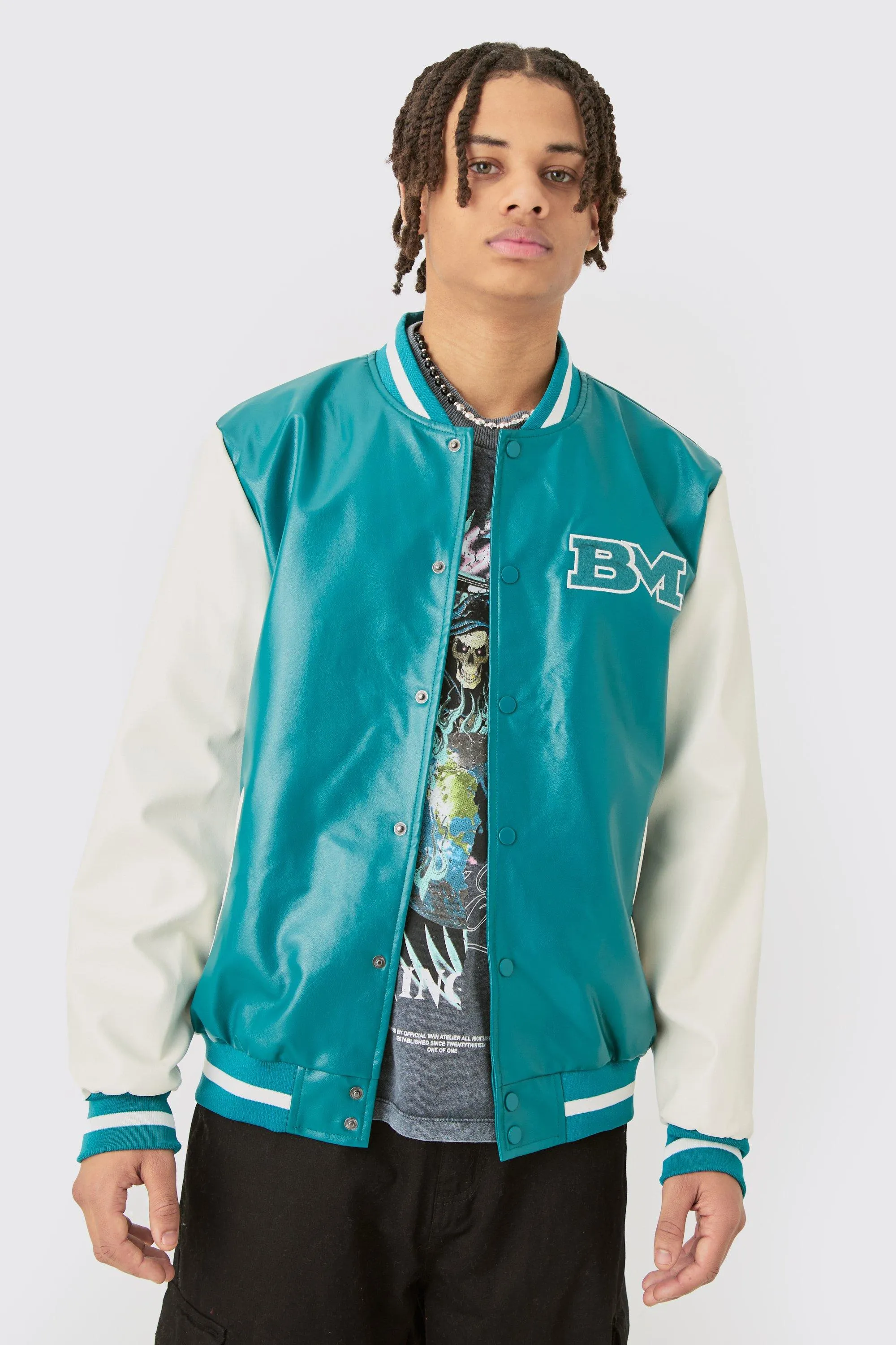 PU Badge Varsity Jacket In Teal