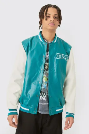 PU Badge Varsity Jacket In Teal