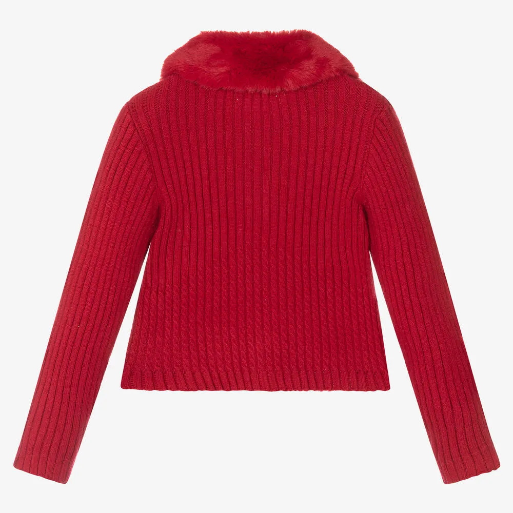 Red Fur Trimmed Cardigan