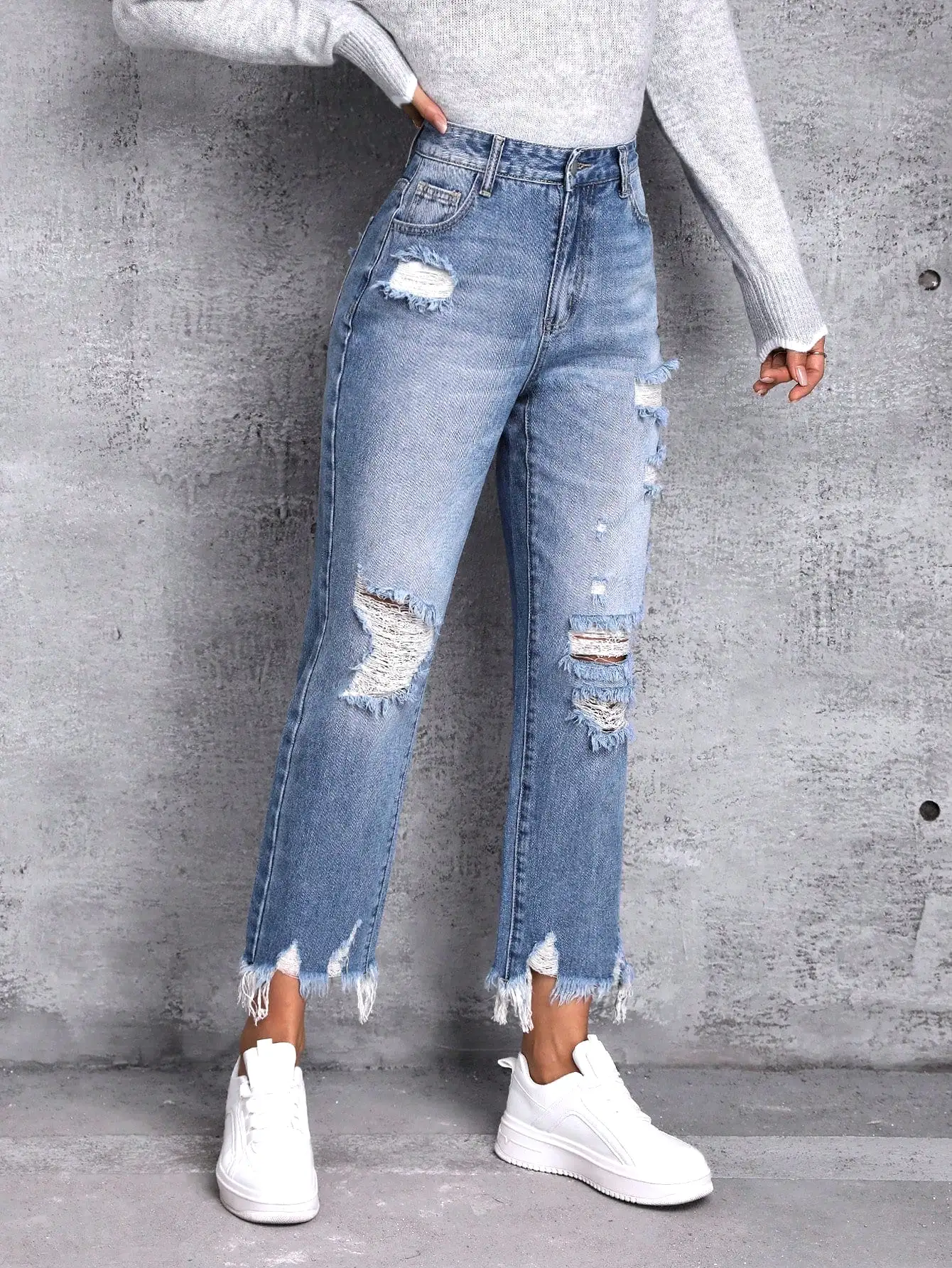 Ripped Raw Hem Ripped Straight Leg Jeans