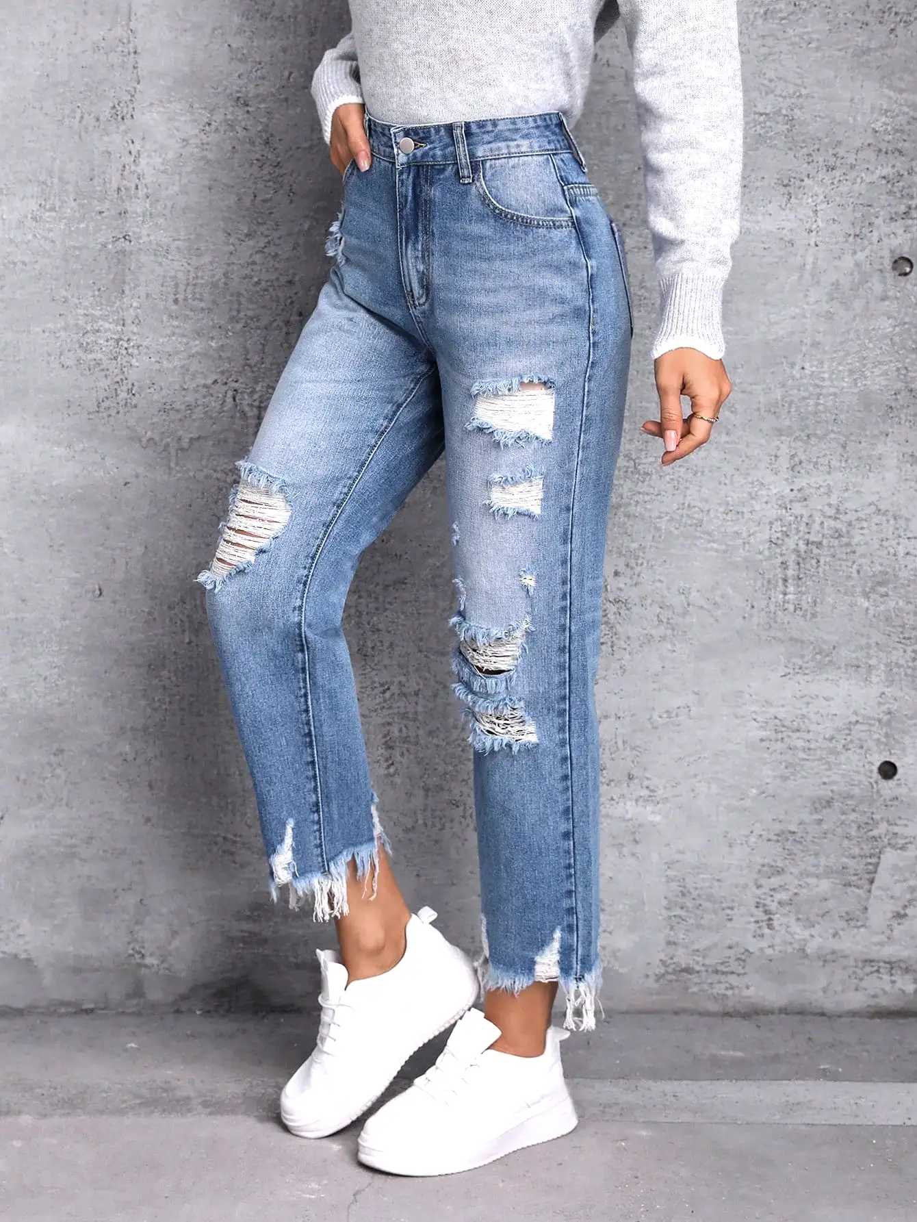 Ripped Raw Hem Ripped Straight Leg Jeans