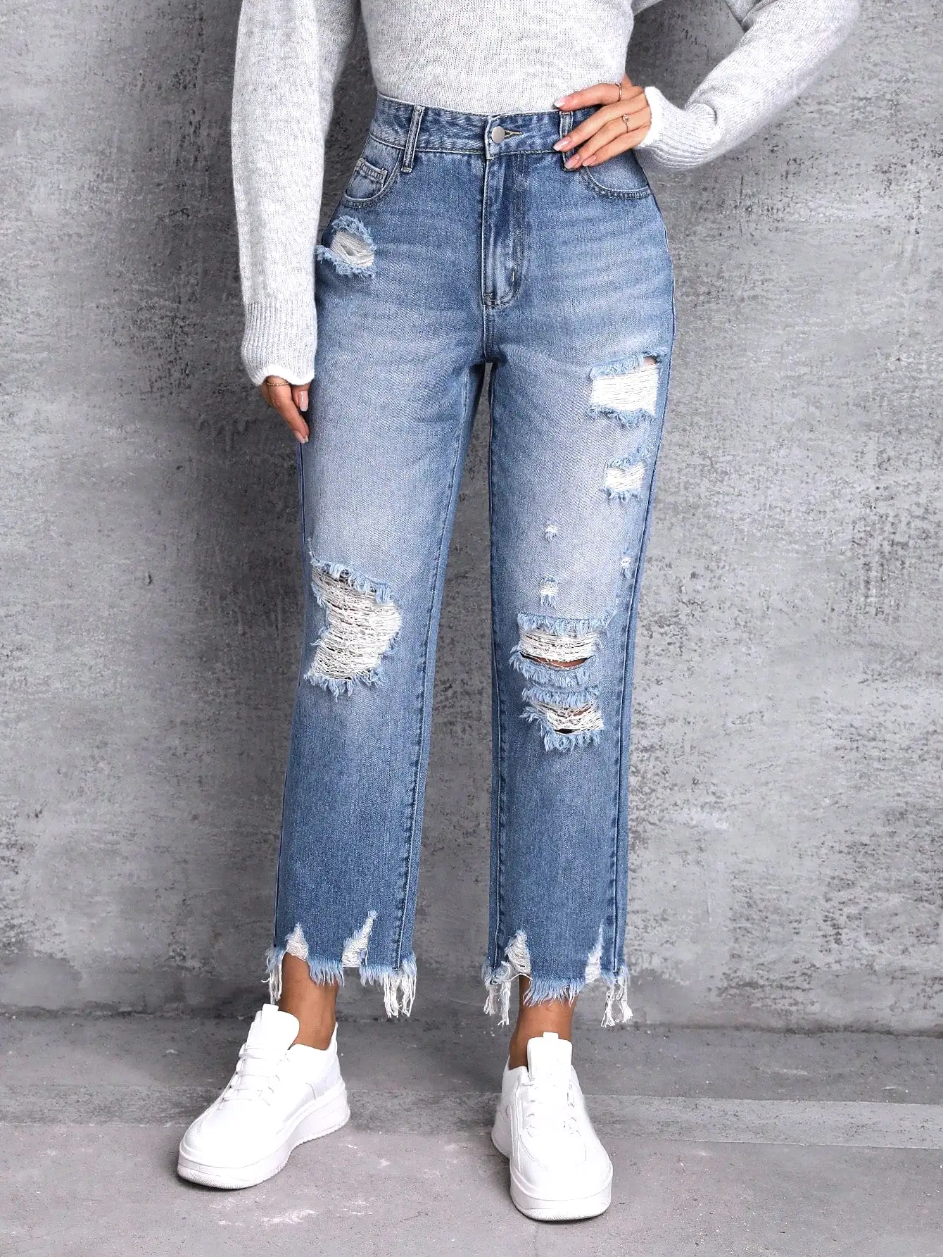 Ripped Raw Hem Ripped Straight Leg Jeans