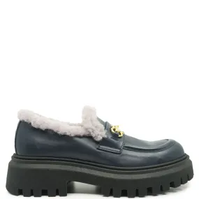 Rondinella Navy and Fur Buckle Chunky Loafer