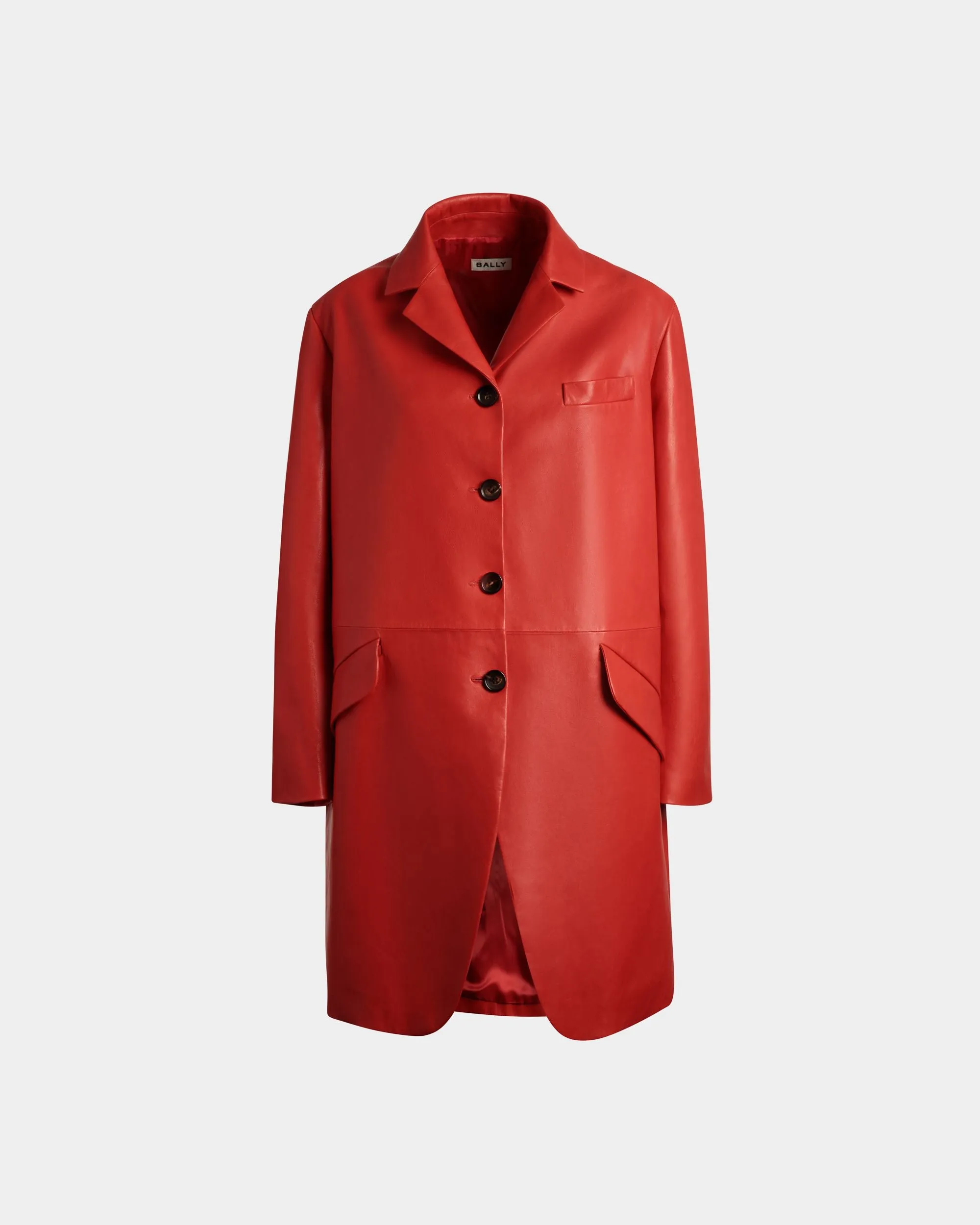 Single-Breasted Midi Coat In Candy Red Leather 