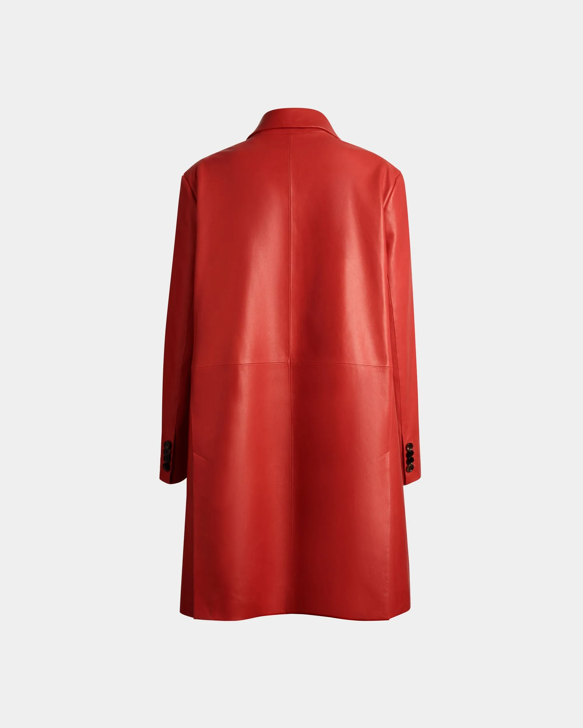 Single-Breasted Midi Coat In Candy Red Leather 