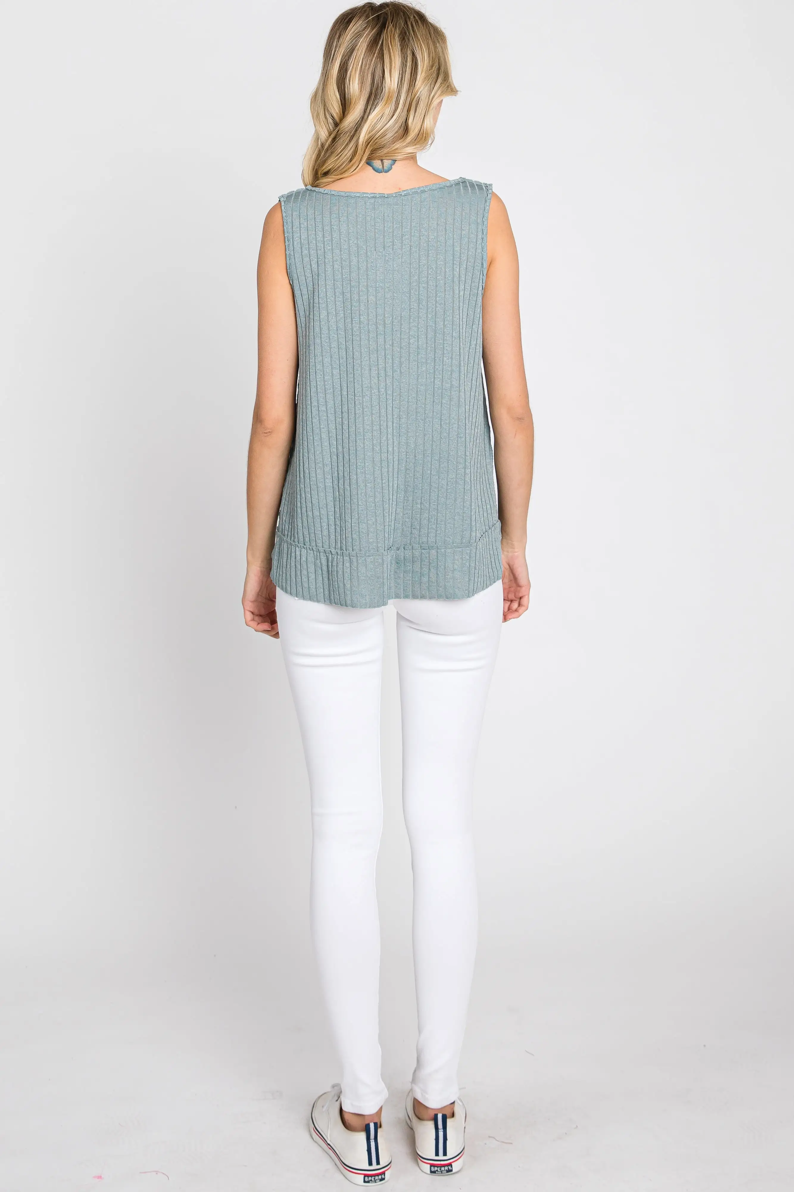 Slate Blue Ribbed Raw Hem Tank Top