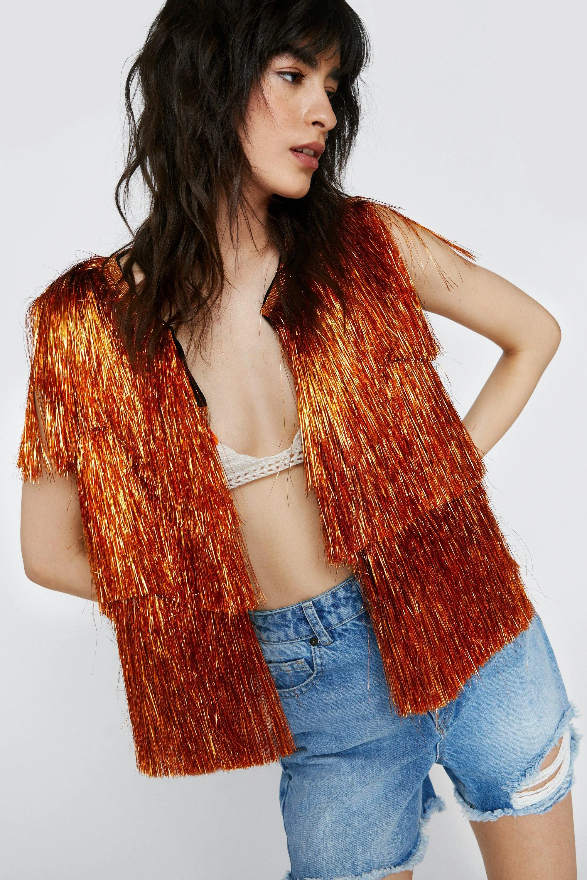 Sleeveless Cropped Tinsel Jacket