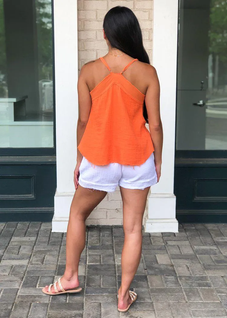 Stark X V Neck Raw Hem Tank- Tangerine