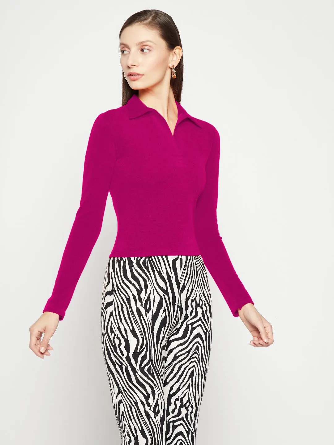 Stretchable Cotton Full Sleeve Collared Top