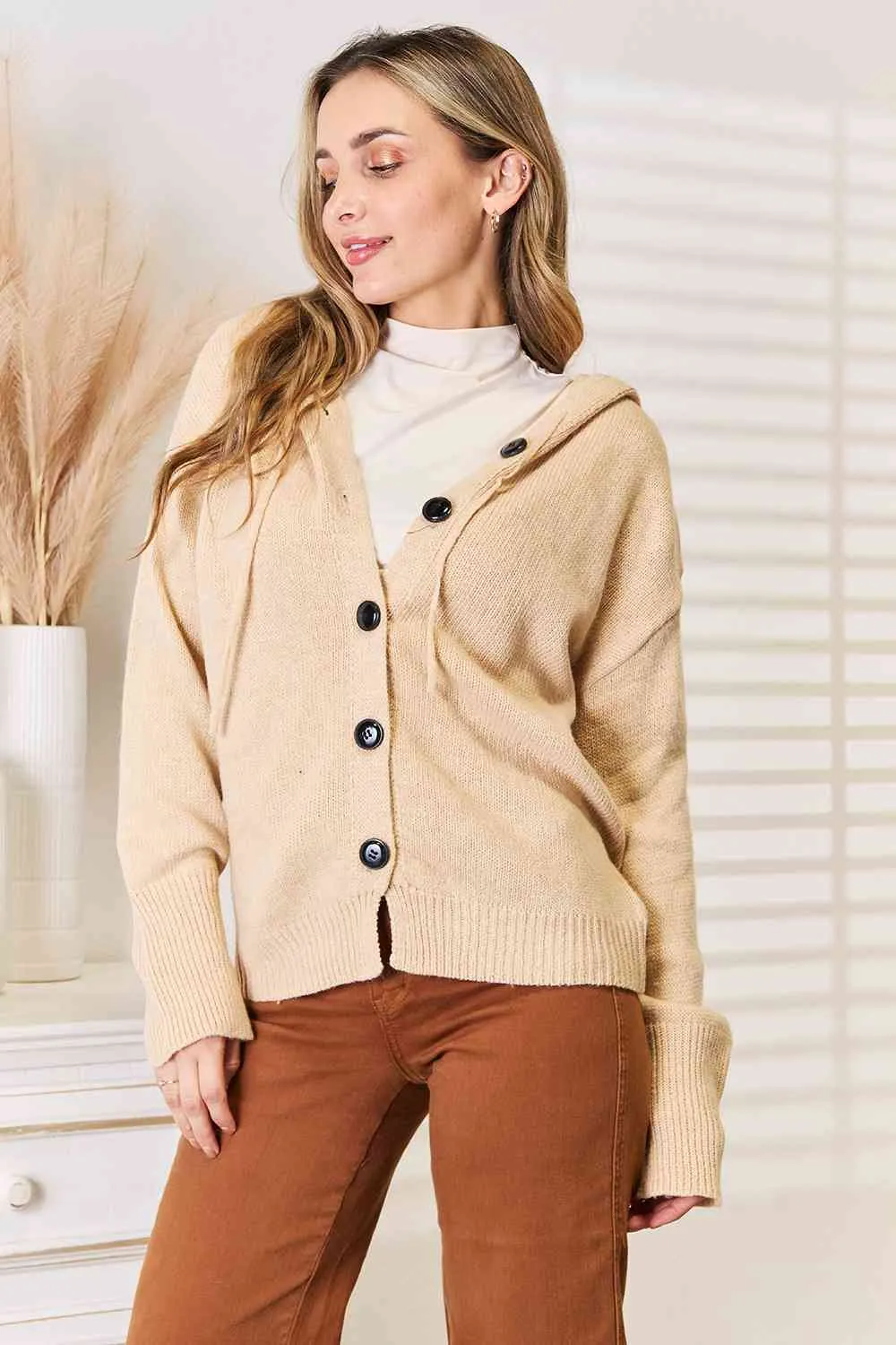 Tan Button-Down Long Sleeve Hooded Sweater