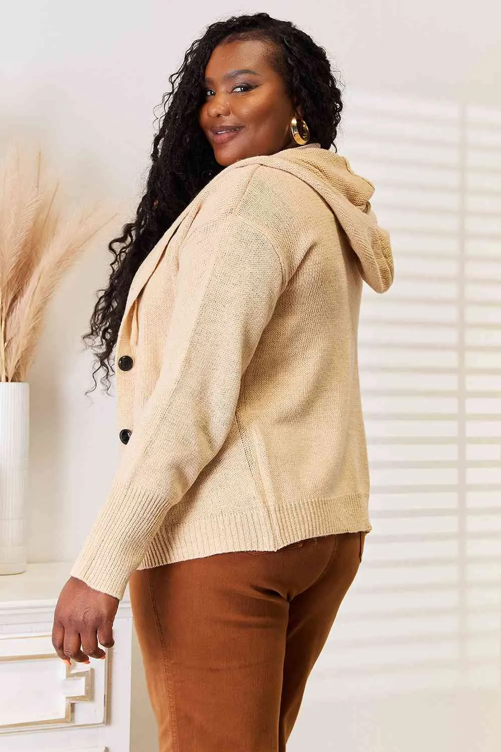 Tan Button-Down Long Sleeve Hooded Sweater