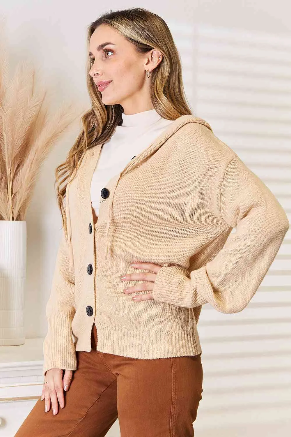 Tan Button-Down Long Sleeve Hooded Sweater