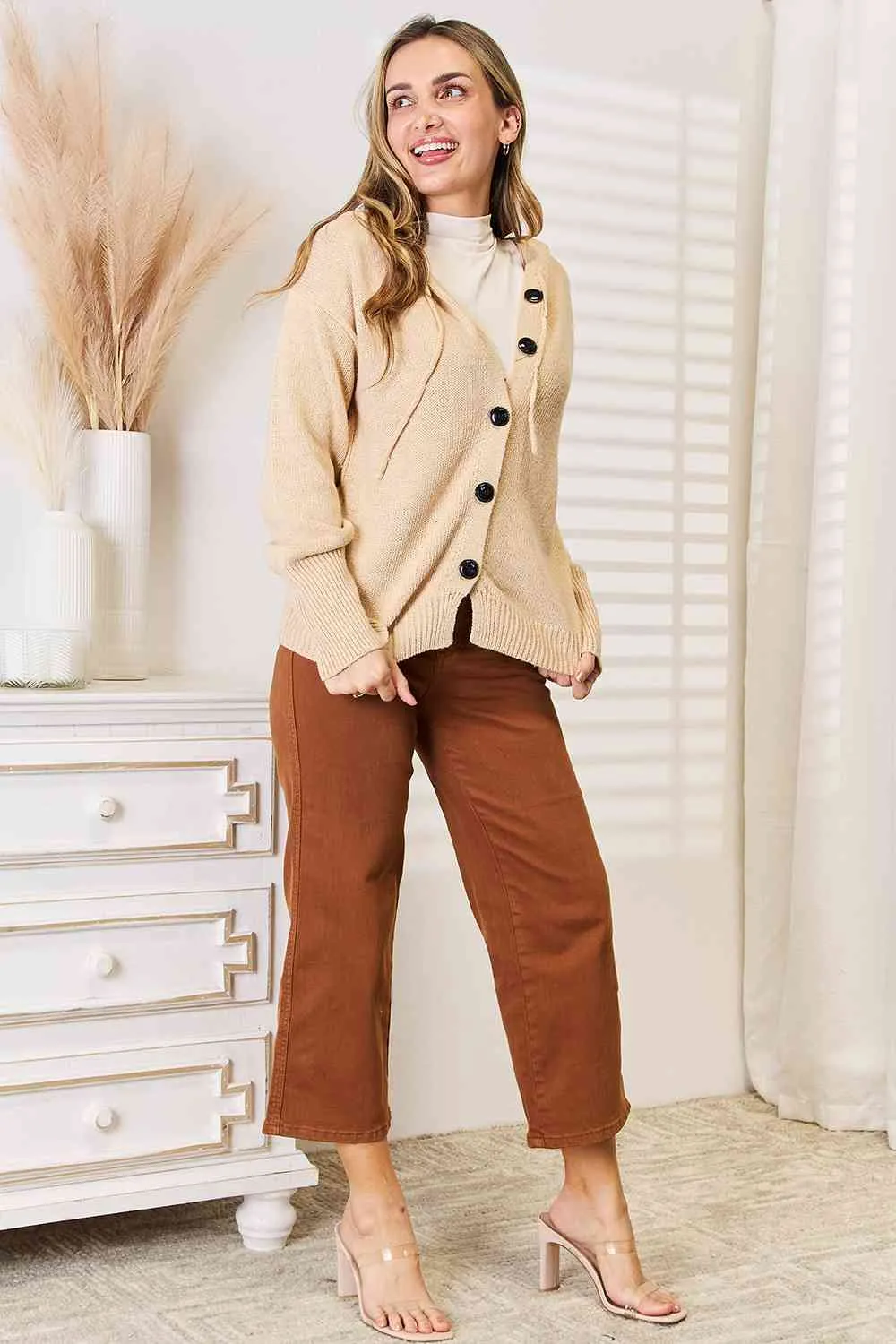 Tan Button-Down Long Sleeve Hooded Sweater