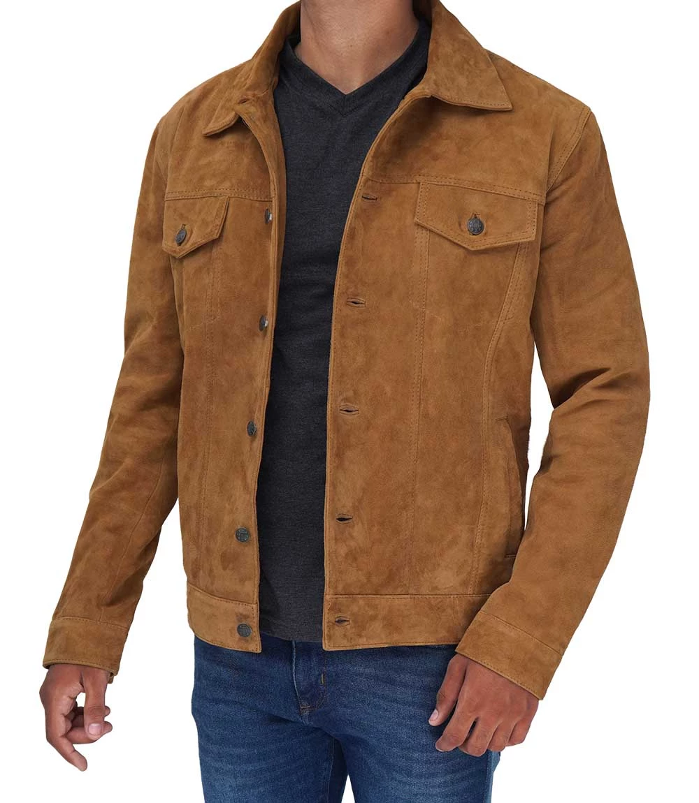 Tan Men's Trucker Suede Jacket