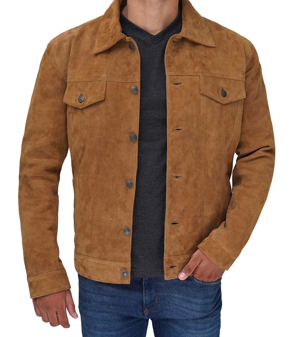 Tan Men's Trucker Suede Jacket