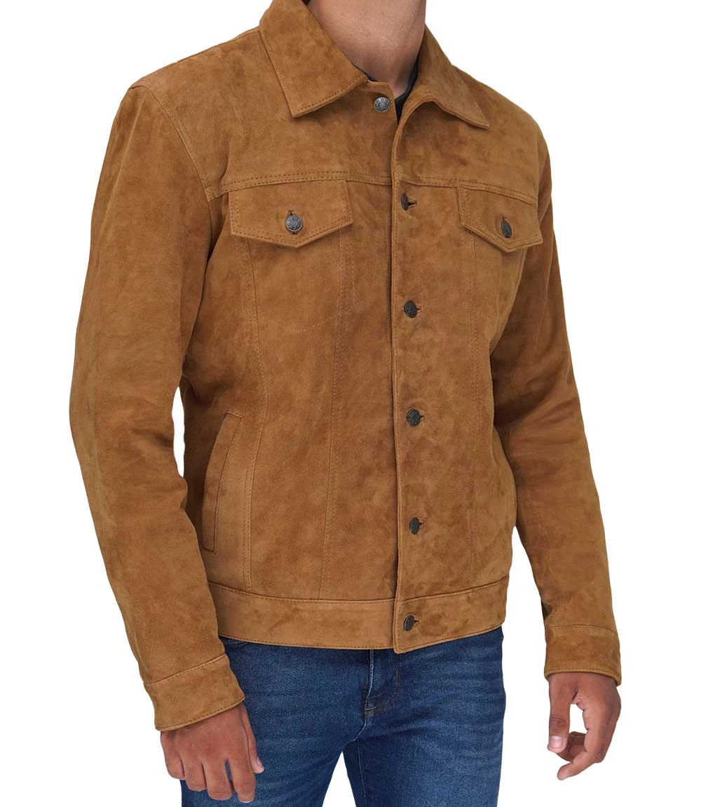 Tan Men's Trucker Suede Jacket