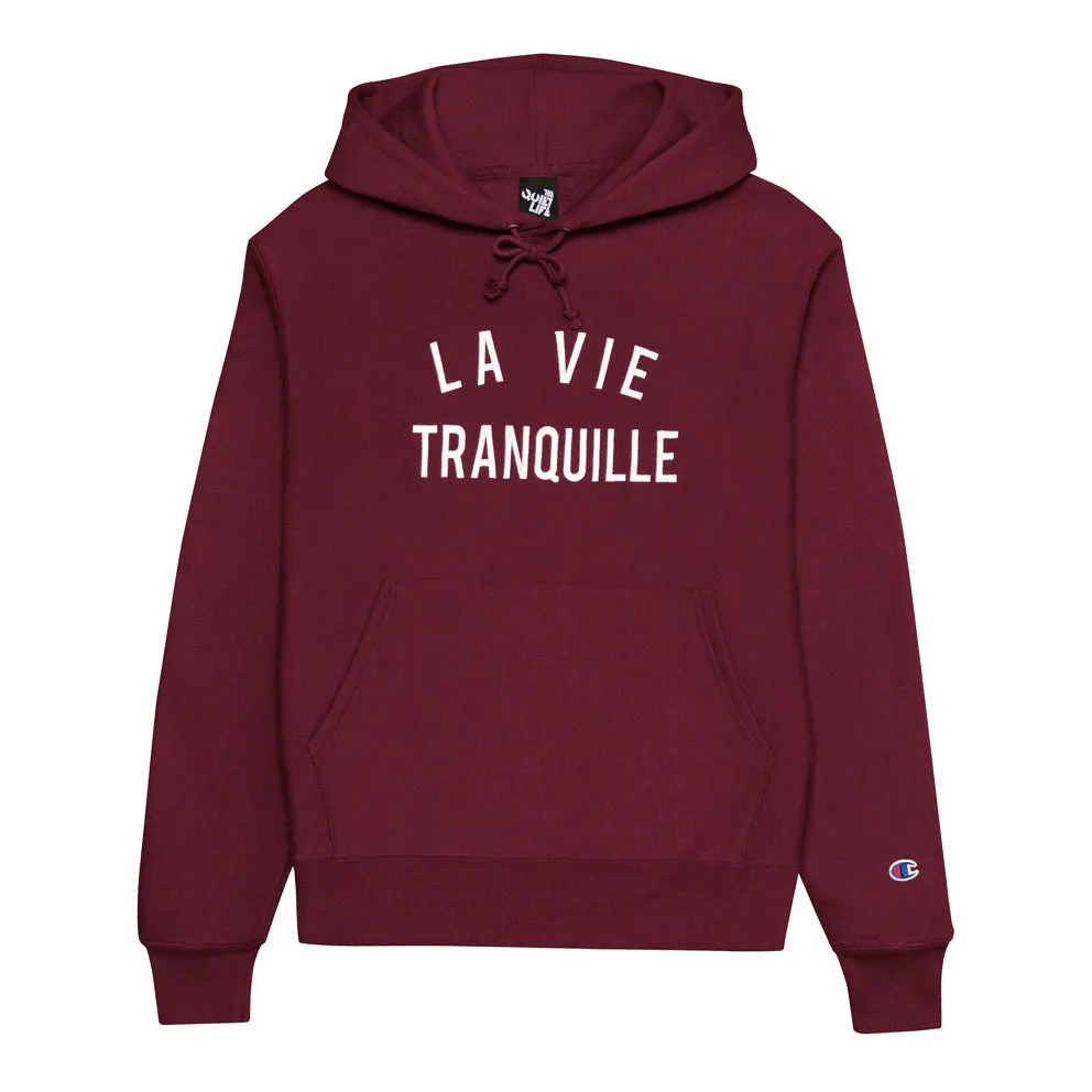 THE QUIET LIFE LA VIE EMBROIDERY CHAMP REVERSE WEAVE HOOD // BURGUNDY