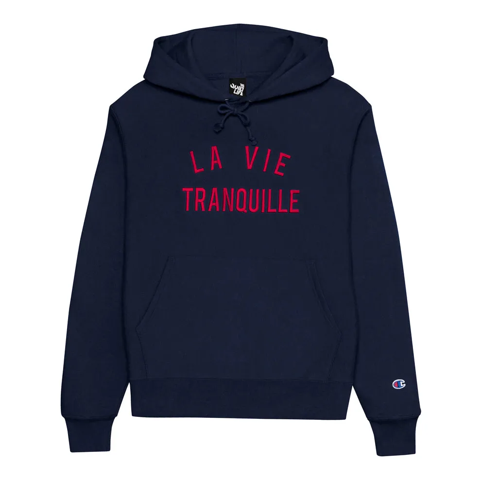 THE QUIET LIFE LA VIE EMBROIDERY CHAMP REVERSE WEAVE HOOD // NAVY