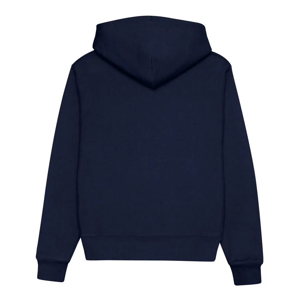 THE QUIET LIFE LA VIE EMBROIDERY CHAMP REVERSE WEAVE HOOD // NAVY