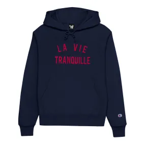 THE QUIET LIFE LA VIE EMBROIDERY CHAMP REVERSE WEAVE HOOD // NAVY