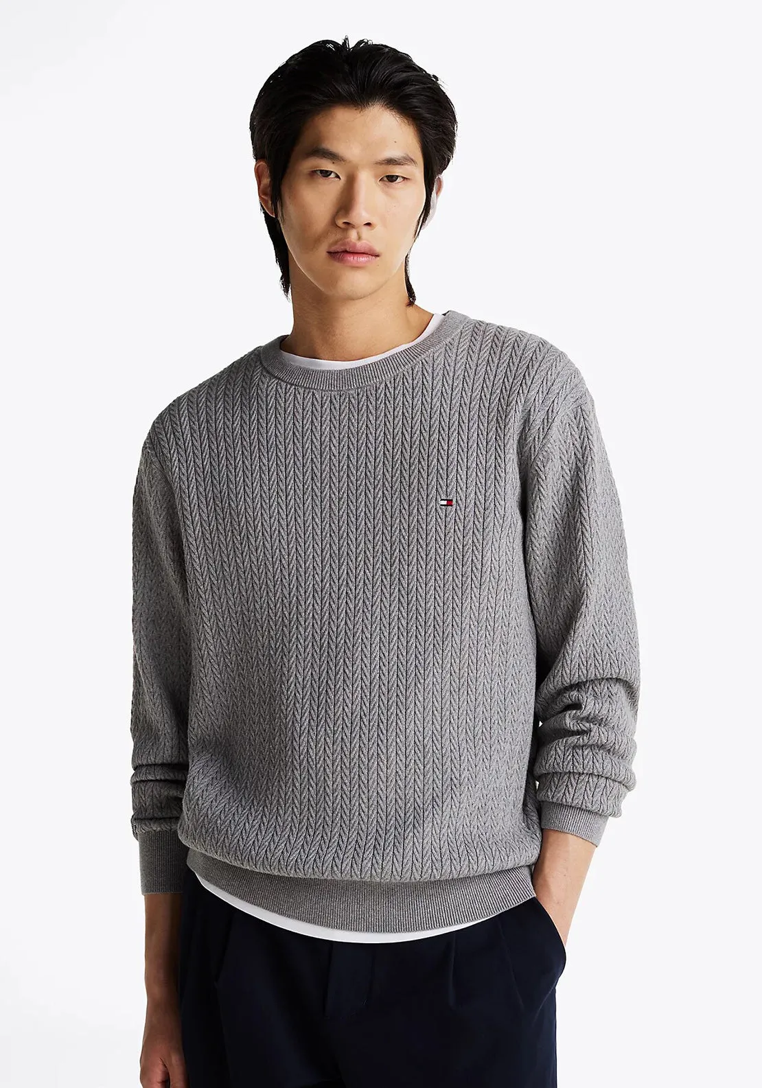 Tommy Hilfiger Herringbone Knit Crew Neck Sweater, Medium Grey Heather