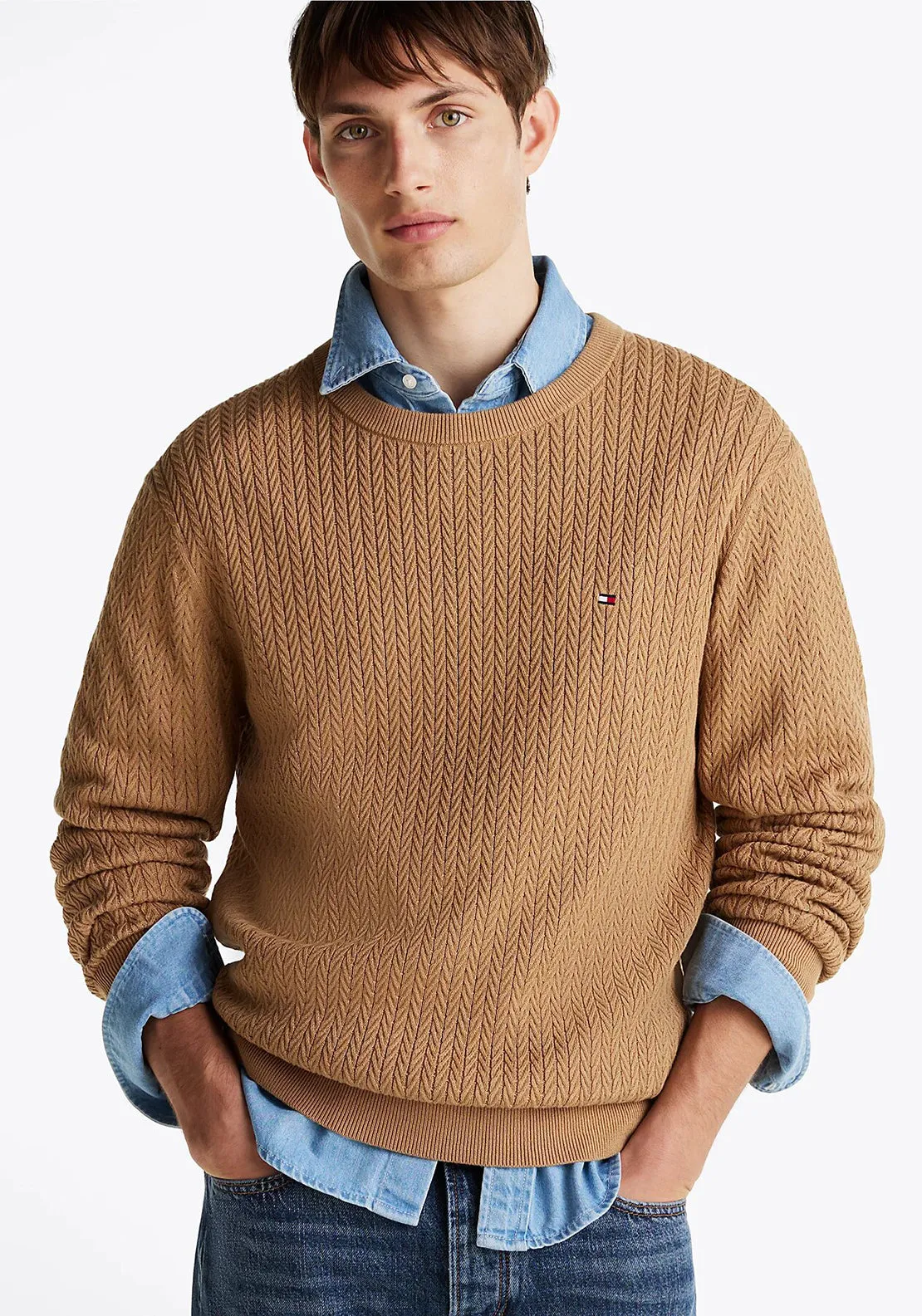 Tommy Hilfiger Herringbone Knit Crew Neck Sweater, Tan