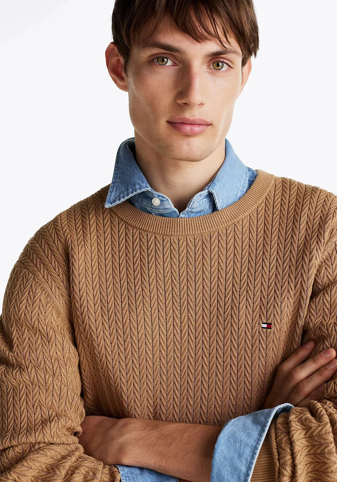 Tommy Hilfiger Herringbone Knit Crew Neck Sweater, Tan