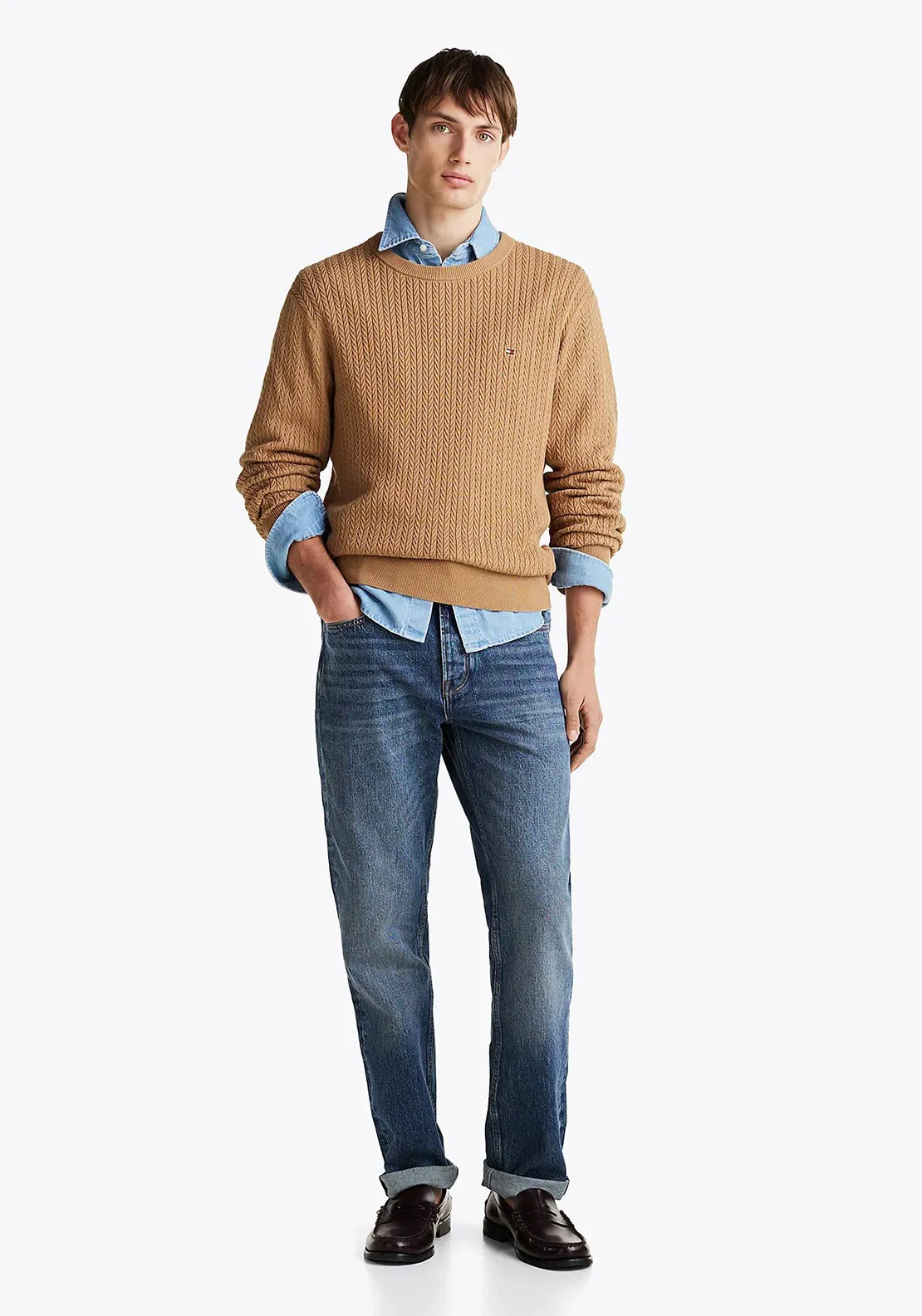 Tommy Hilfiger Herringbone Knit Crew Neck Sweater, Tan