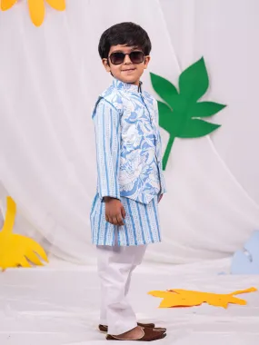 VASTRAMAY Boys' Blue Jacket, Kurta and Pyjama Set