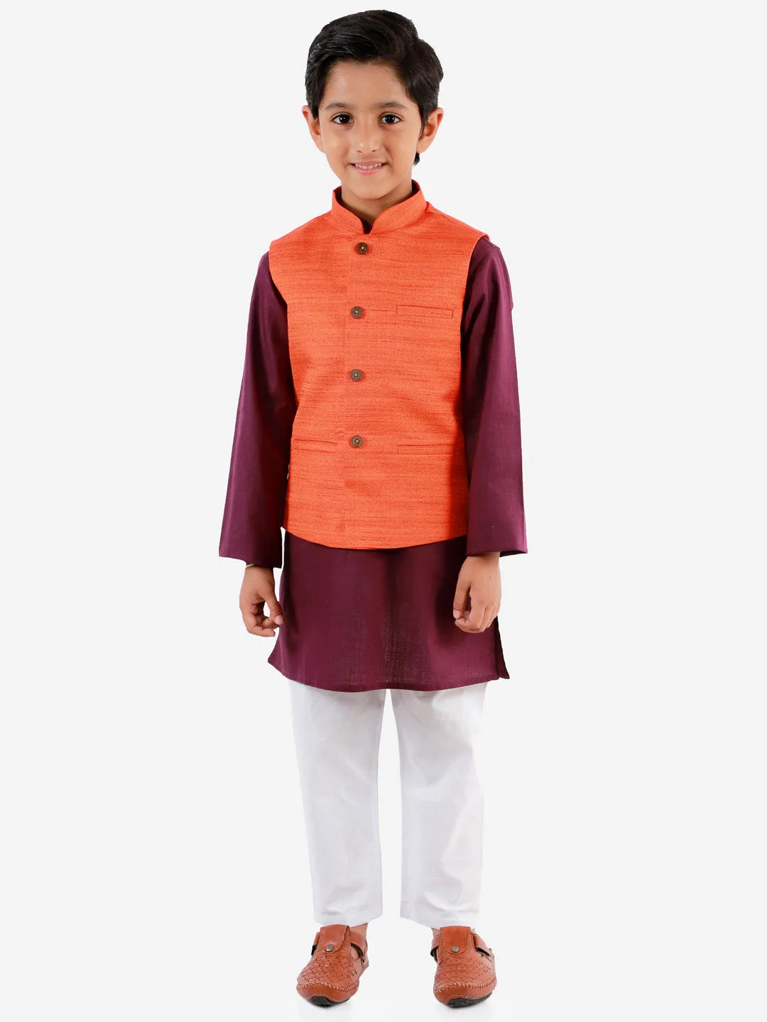 Vastramay Boys Orange, Purple And White Jacket, Kurta and Pyjama Set