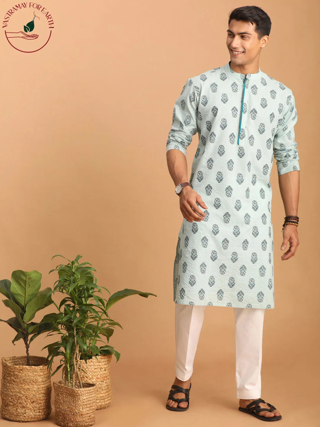 VASTRAMAY Men's Light Green Ethnic Motif Printed Kurta with White Pant Set