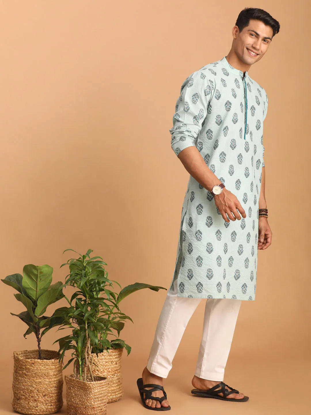 VASTRAMAY Men's Light Green Ethnic Motif Printed Kurta with White Pant Set