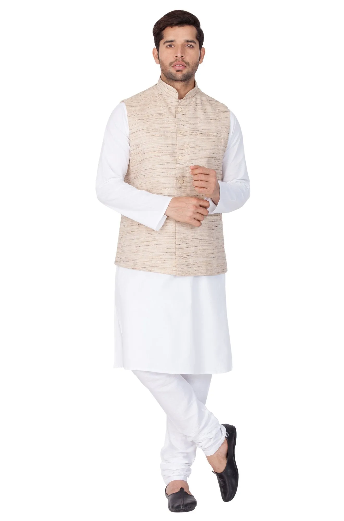 VASTRAMAY Men's White Cotton Blend Kurta, Ethnic Jacket and Pyjama Set