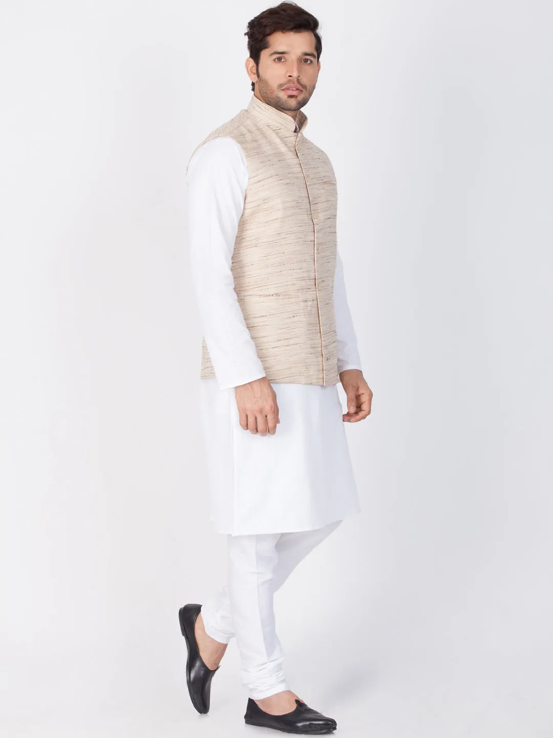 VASTRAMAY Men's White Cotton Blend Kurta, Ethnic Jacket and Pyjama Set