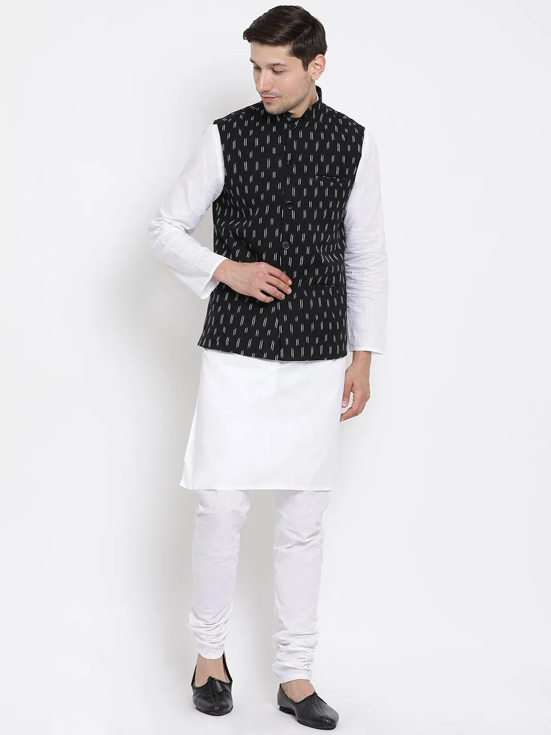 VASTRAMAY Men's White Cotton Kurta, Ethnic Jacket and Pyjama Set