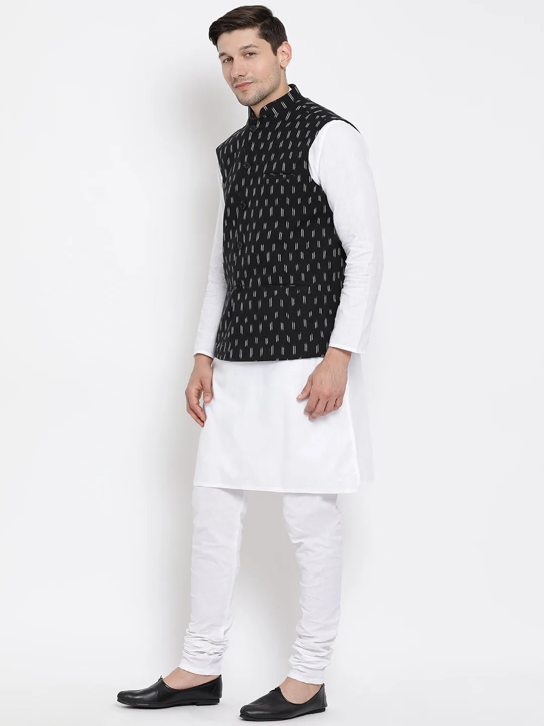 VASTRAMAY Men's White Cotton Kurta, Ethnic Jacket and Pyjama Set