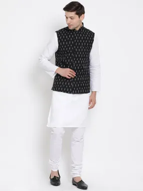 VASTRAMAY Men's White Cotton Kurta, Ethnic Jacket and Pyjama Set