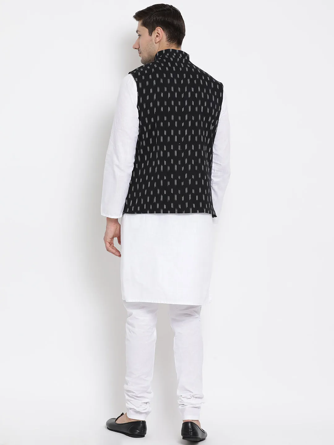 VASTRAMAY Men's White Cotton Kurta, Ethnic Jacket and Pyjama Set