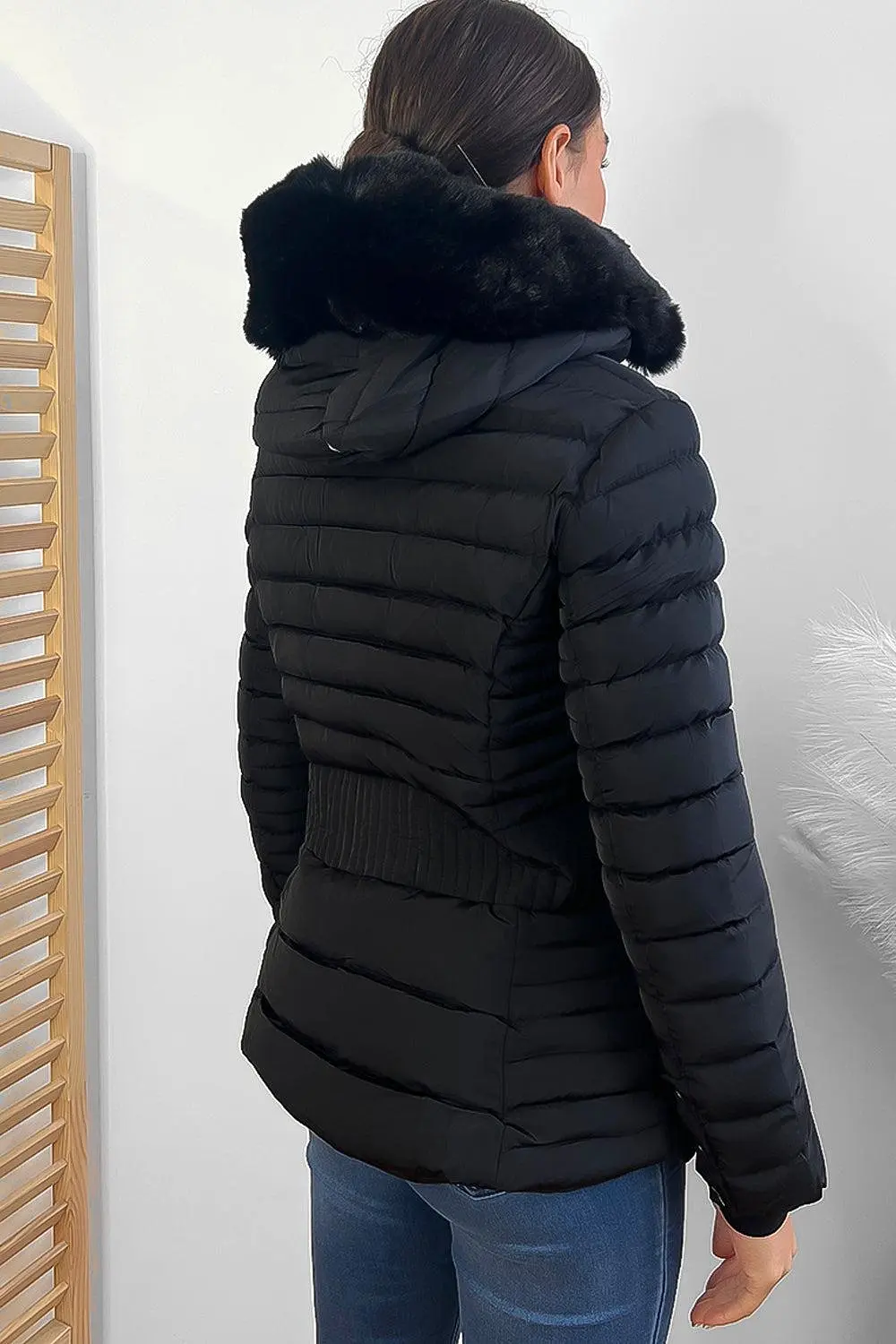 Vertical Zip Pockets Faux Fur Hooded Quilted Jacket