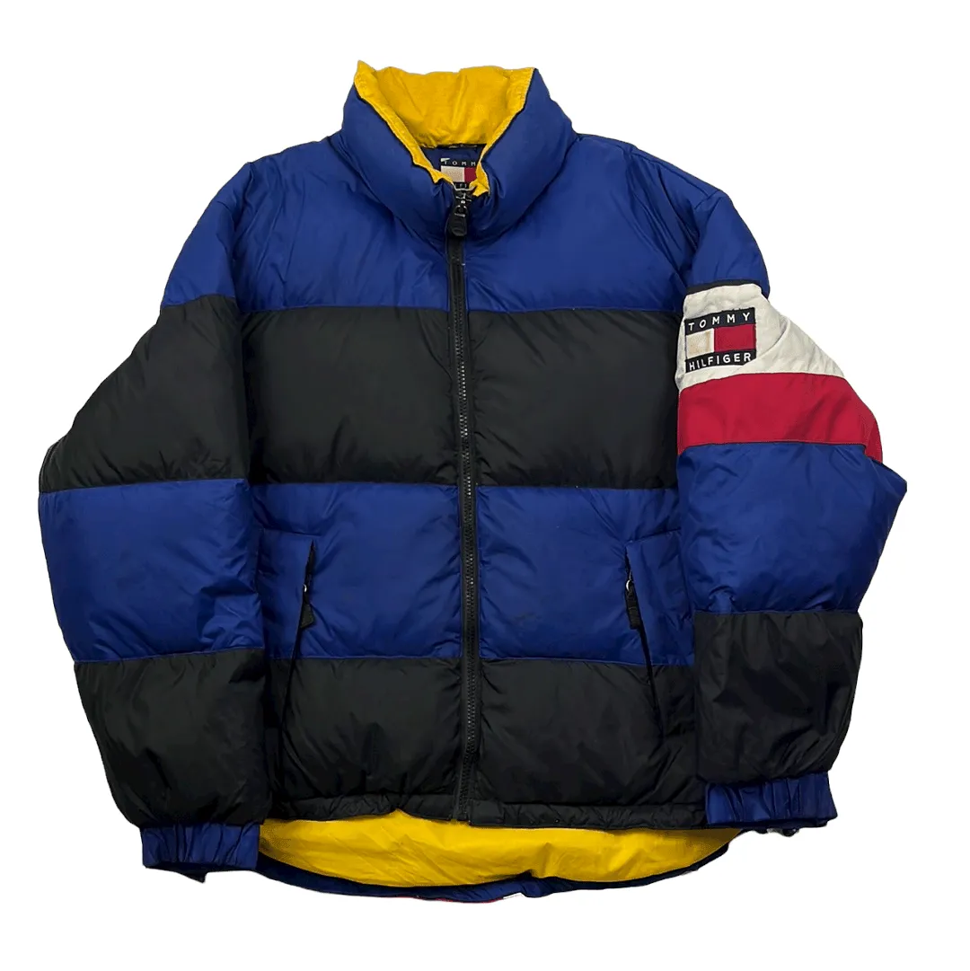 Vintage 90s Blue, Black, Red + White Tommy Hilfiger Puffer Coat/ Jacket - Large