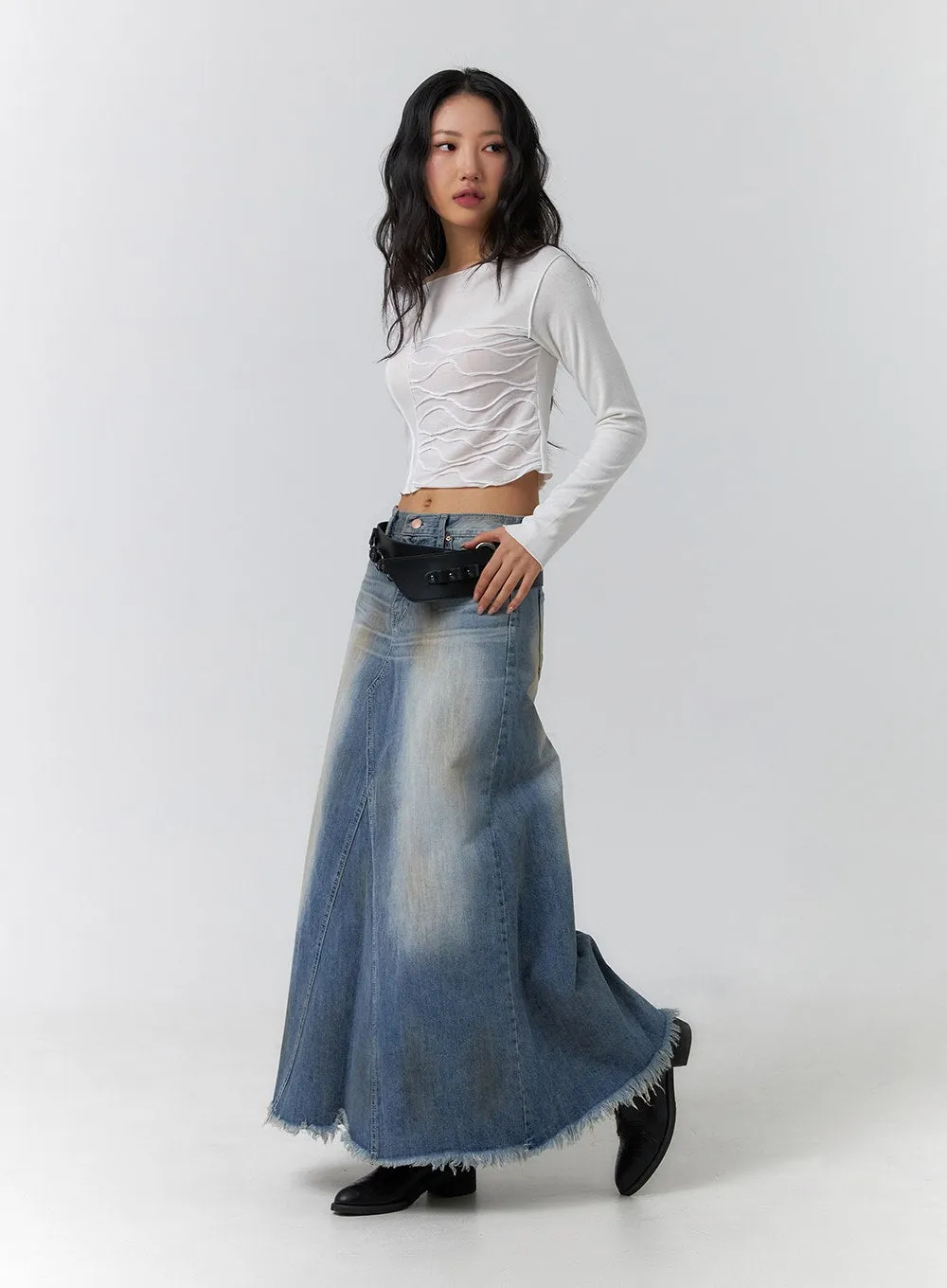 Vintage Washed Raw Hem Maxi Skirt CF405