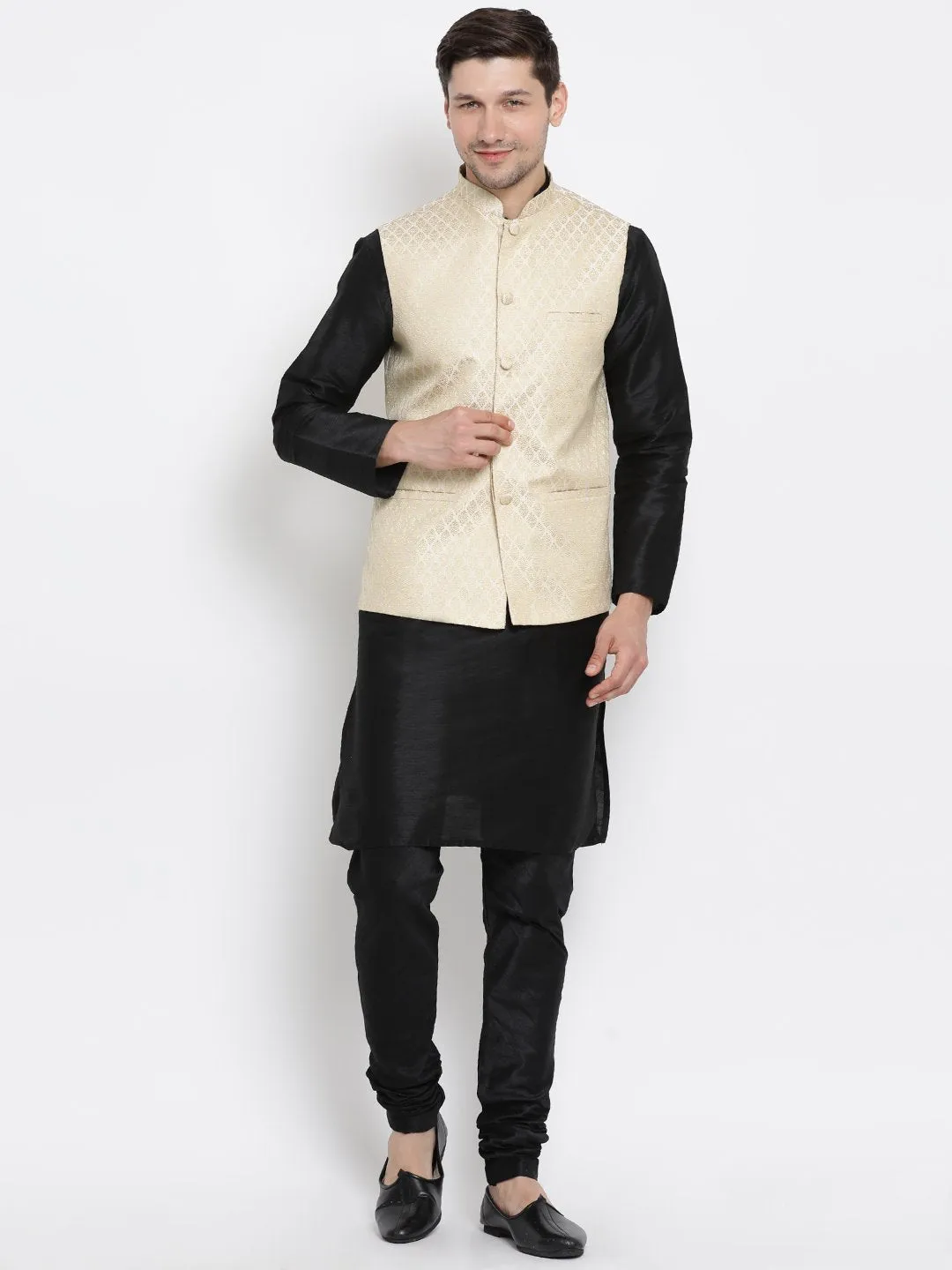 VM BY VASTRAMAY Men's Cream Silk Blend Jacket With Kurta Pyjama Set