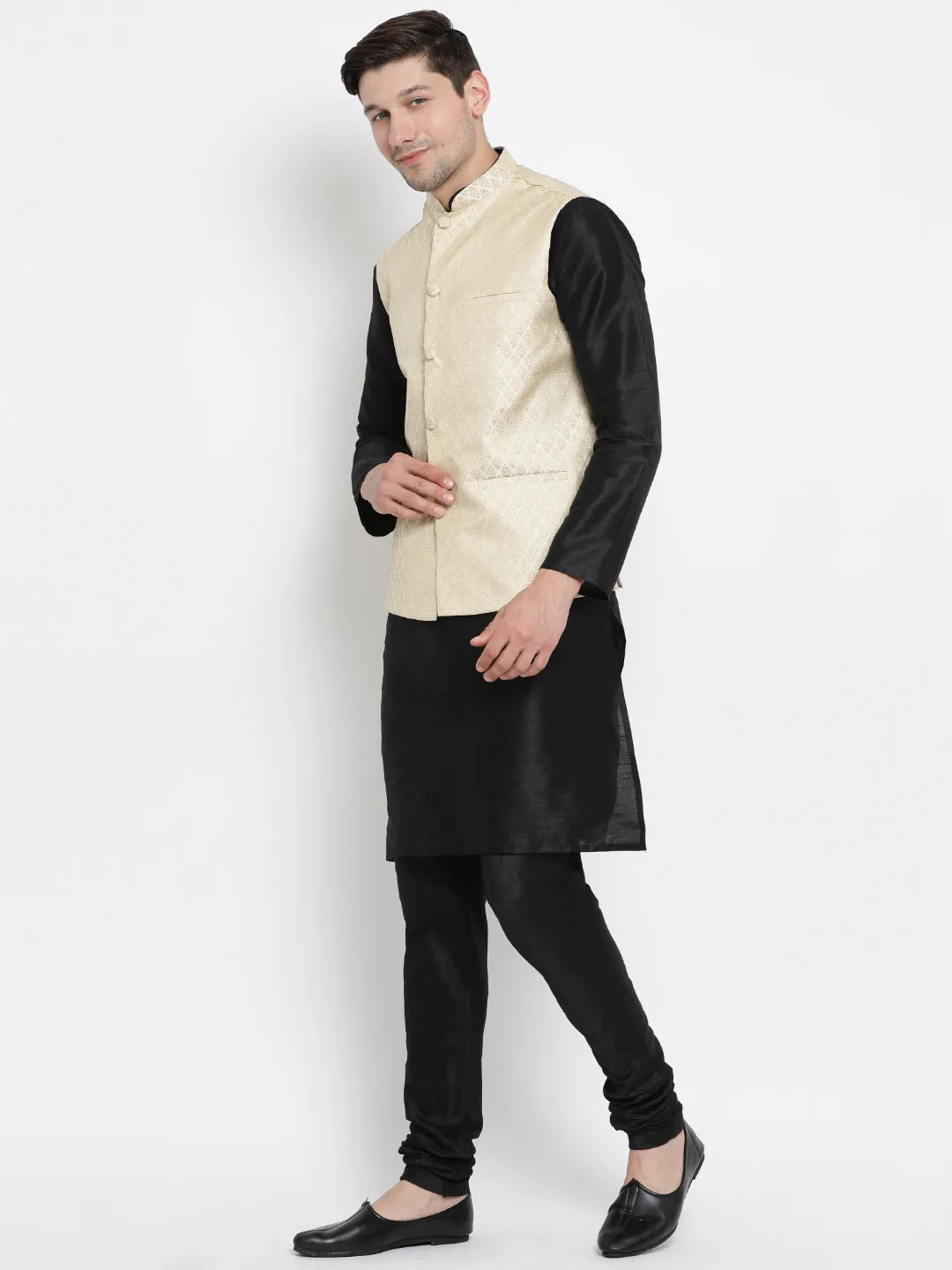 VM BY VASTRAMAY Men's Cream Silk Blend Jacket With Kurta Pyjama Set