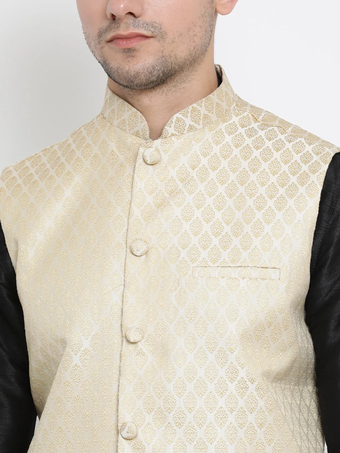 VM BY VASTRAMAY Men's Cream Silk Blend Jacket With Kurta Pyjama Set