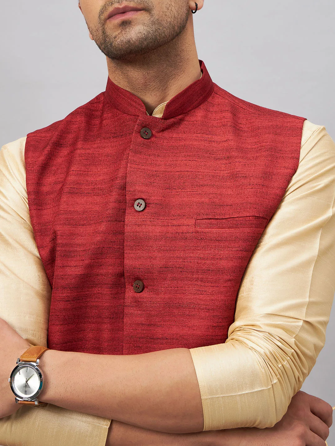 VM BY VASTRAMAY Men's Maroon Jacket With Gold Kurta And Pyjama Set