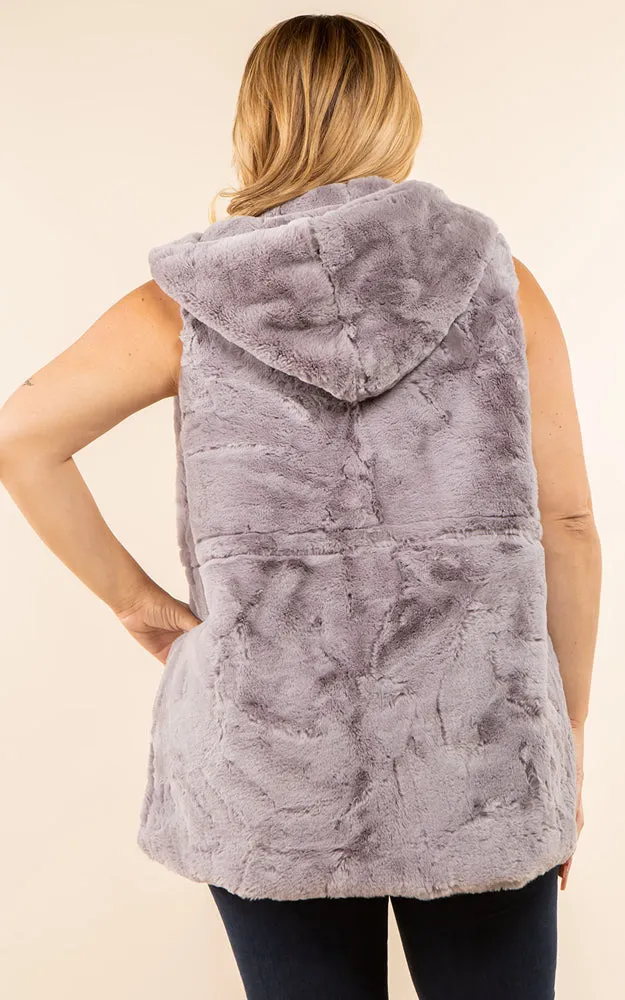 VP8482P Plus Size Faux Fur Solid Pocket Vest With Hood